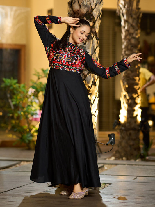Black Rayon Designer Embroidered Gown – Perfect for Garba Night & Festive Celebrations