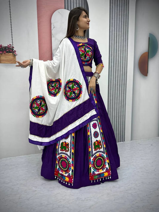 Women's Ethnic Navratri Purple Lehenga Choli with Embroidered Blouse & Bandhani Dupatta