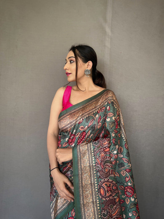 Rama Diva Soft Silk Saree With Kalamkari Fusion Print