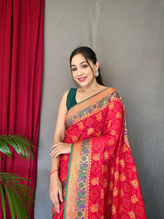 Red Kachii Patola Weaving Saree With Meenakari Border Saree