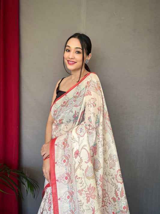 Red Designer Malai Silk And Katha Printed Zari Weaving Border Saree