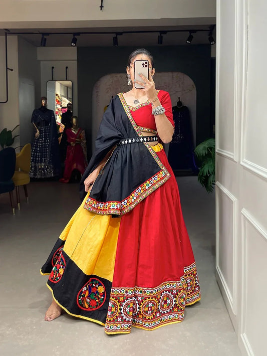 Red & Yellow Pure Cotton Navratri Lehenga Choli with Gamthi Work, Mirror Borders & Waist Belt