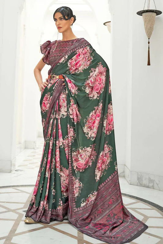 Dark Green Partywear Floral Digital Printed Silk Saree