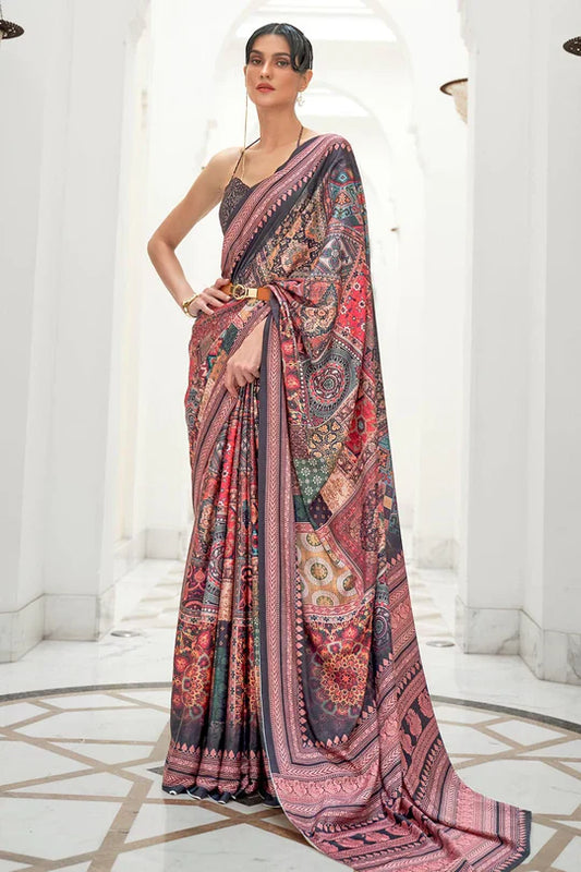 Multicoloured Partywear Floral Digital Printed Silk Saree