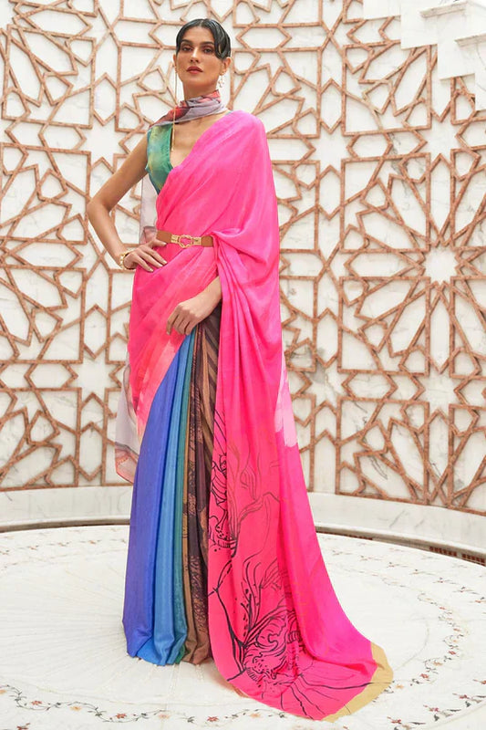 Pink Partywear Floral Digital Printed Silk Saree