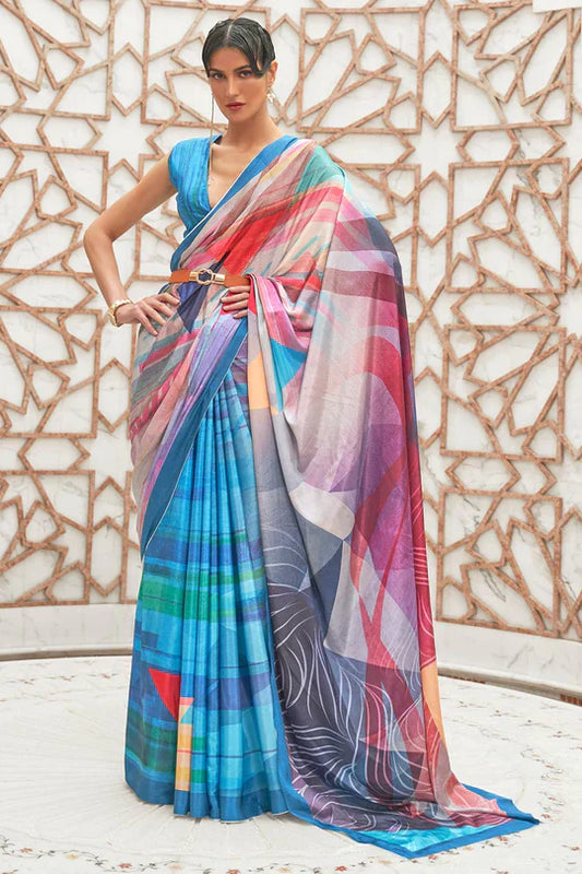 Vivid Blue Partywear Floral Digital Printed Silk Saree