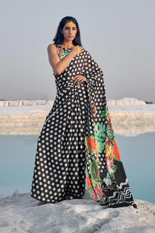 Black Color Polka Dot Pure Sattin Crepe Saree And Digital Print Blouse