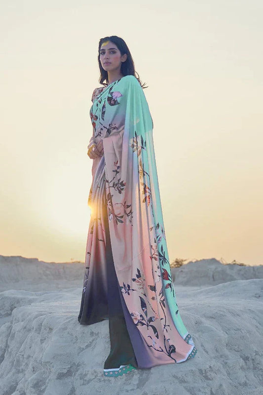 Pastel Blue And Pink Color Polka Dot Pure Sattin Crepe Saree And Digital Print Blouse