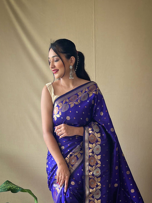 Voilet Soft Silk Gold Zari Weaving All Over Having Rich Weaving Saree