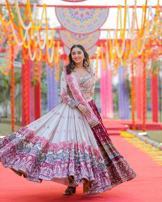 White Graceful Mirror Work Lehenga Choli with Designer Dupatta for Festive Ethnic Wear for Women