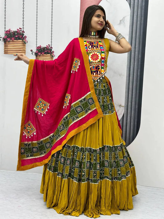 Women's Ethnic Navratri Yellow Lehenga Choli with Embroidered Blouse & Bandhani Dupatta