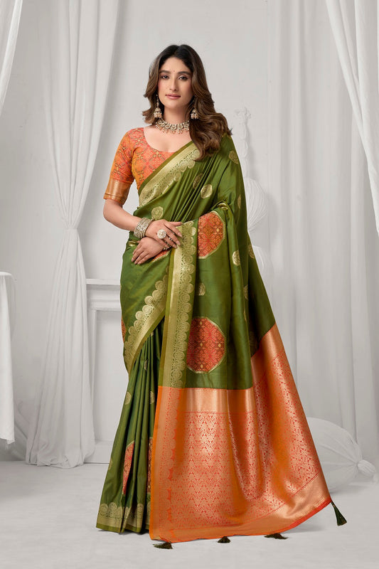 Olive Green Soft Silk Fancy Pompom Saree – Designer Festive Party Wear Saree