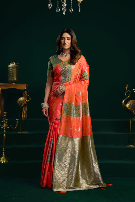 Orange Soft Silk Gold Zari Weaving Saree With Fancy Pumpum Saree With Blouse Piece