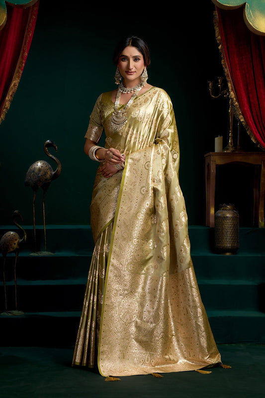 Olive Green Silk Blend Woven Saree – Elegant Designer Wedding & Festive Wear Saree for Women