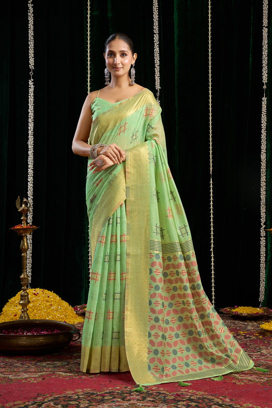 Light Green Lightweight Spun Cotton Saree with Zari Border – Elegant Daily & Office Wear Saree