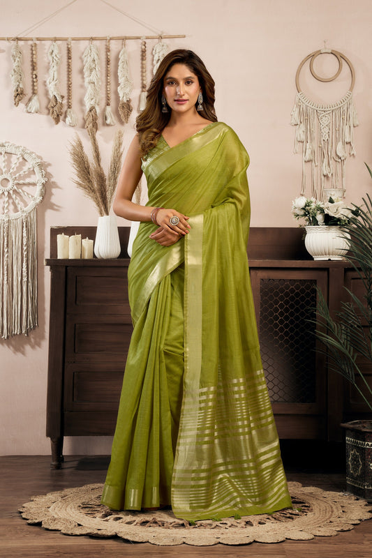 Light Green Khadi Cotton With Brocade Blouse & Zhallar Saree With Blouse Piece