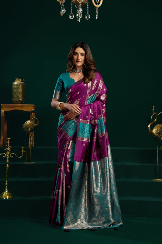 Deep Purple Soft Silk Gold Zari Weaving Saree With Fancy Pumpum Saree With Blouse Piece