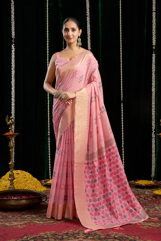 Pink Lightweight Spun Cotton Saree with Zari Border – Elegant Daily & Office Wear Saree