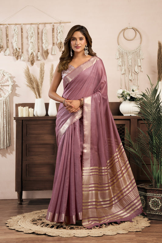 Lavender Khadi Cotton With Brocade Blouse & Zhallar Saree With Blouse Piece