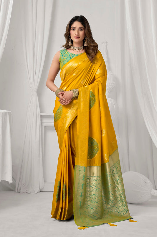 Yellow Soft Silk Fancy Pompom Saree – Designer Festive Party Wear Saree