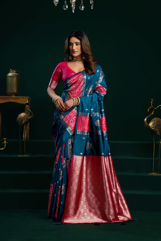 Blue Soft Silk Gold Zari Weaving Saree With Fancy Pumpum Saree With Blouse Piece