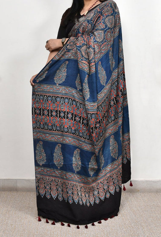 Blue Ajrakh Printed Semi Gaji Silk Saree