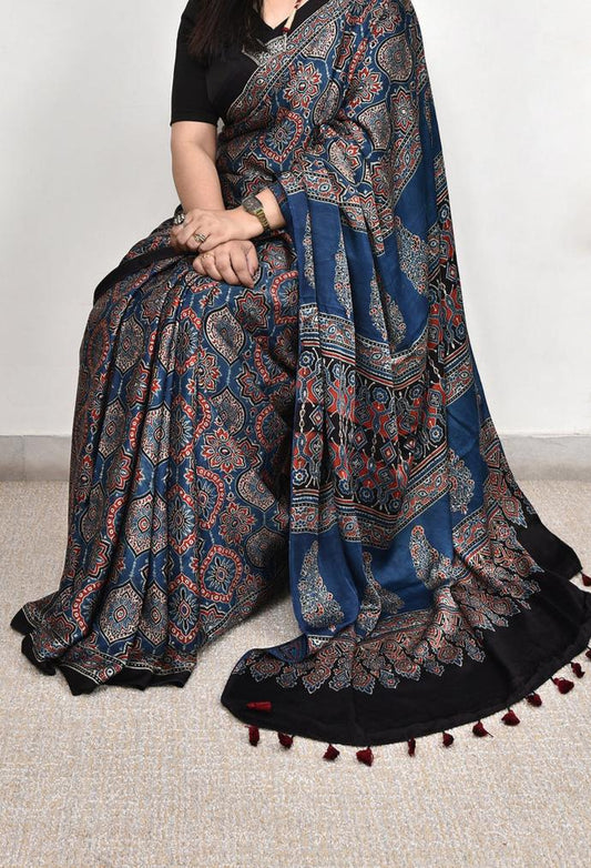 Blue Ajrakh Printed Semi Gaji Silk Saree