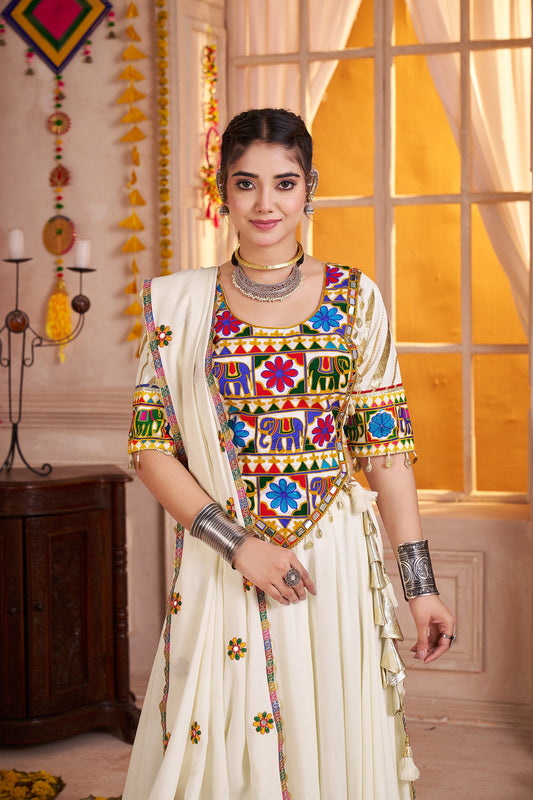 White Viscose Cotton White Navratri Lehenga Choli