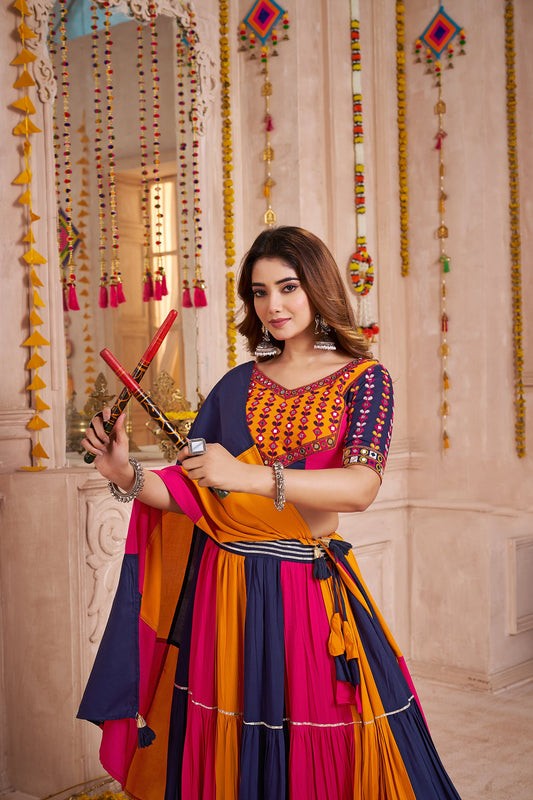 Stylish Multi Color Viscose Cotton Kutchi Patch Work Navratri Lehenga Choli
