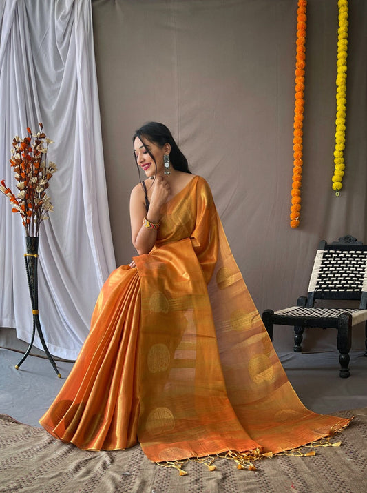 Orange  Zari Woven Tissue Silk Sarees With Chit Pallu