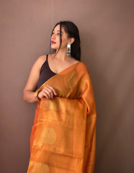 Orange  Zari Woven Tissue Silk Sarees With Chit Pallu