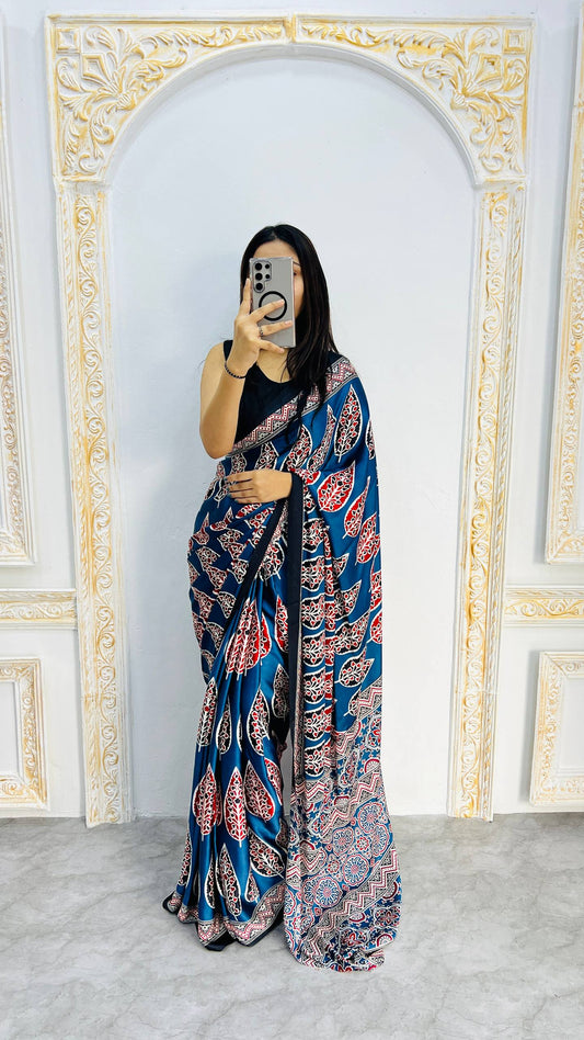 Ajrakh Printed Soft Modal Silk Natural Print Saree