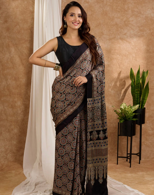 Ajrakh Printed Soft Modal Silk Natural Print Saree