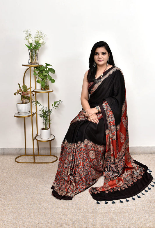 Ajrakh Printed Semi Gaji Silk Saree