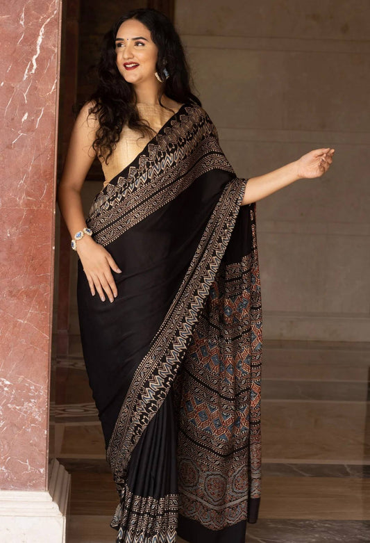 Ajrakh Printed Soft Modal Silk Digital Print Saree