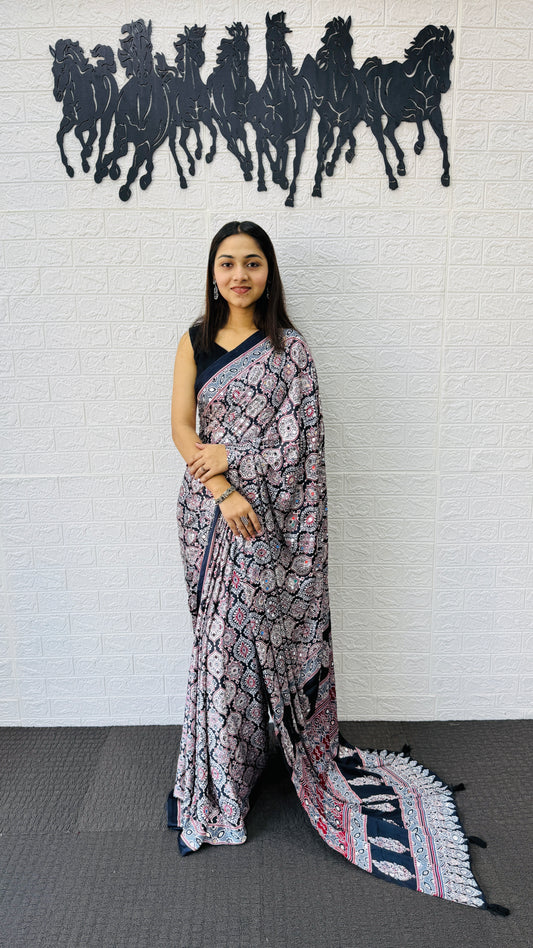 Blue Semi Gajji Silk Ajrakh Rich Pallu With Contrast Blouse Saree