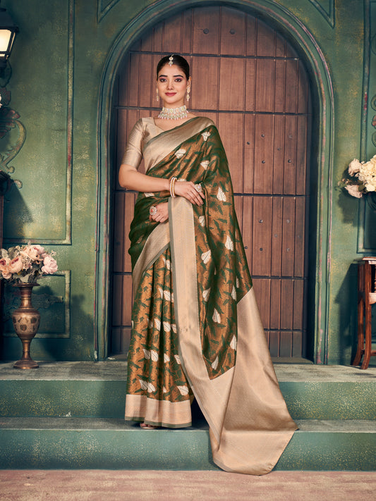 Brown Soft Banarasi Silk With Gold Zari Weaving With Zhallar Saree With Blouse Piece