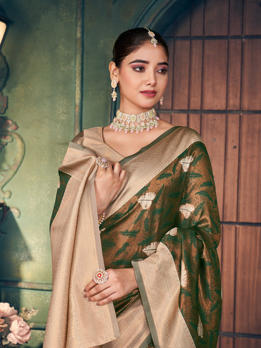 Brown Soft Banarasi Silk With Gold Zari Weaving With Zhallar Saree With Blouse Piece