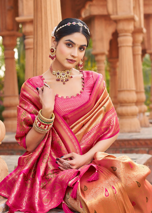 Dark Pink Soft Banarasi Silk With Gold Zari Weaving With Zhallar Saree With Blouse Piece