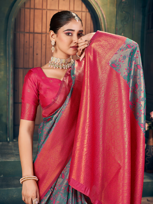 Dark Green Soft Banarasi Silk With Gold Zari Weaving With Zhallar Saree With Blouse Piece
