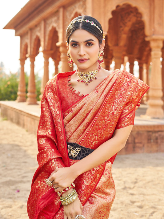 Red Soft Banarasi Silk With Gold Zari Weaving With Zhallar Saree With Blouse Piece