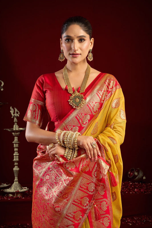 Yellow Fancy Modal Banarasi Zari Saree with Premium Zhallar Border – Designer Festive Party Wear Saree