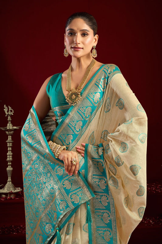 Beige Fancy Modal Banarasi Zari Saree with Premium Zhallar Border – Designer Festive Party Wear Saree