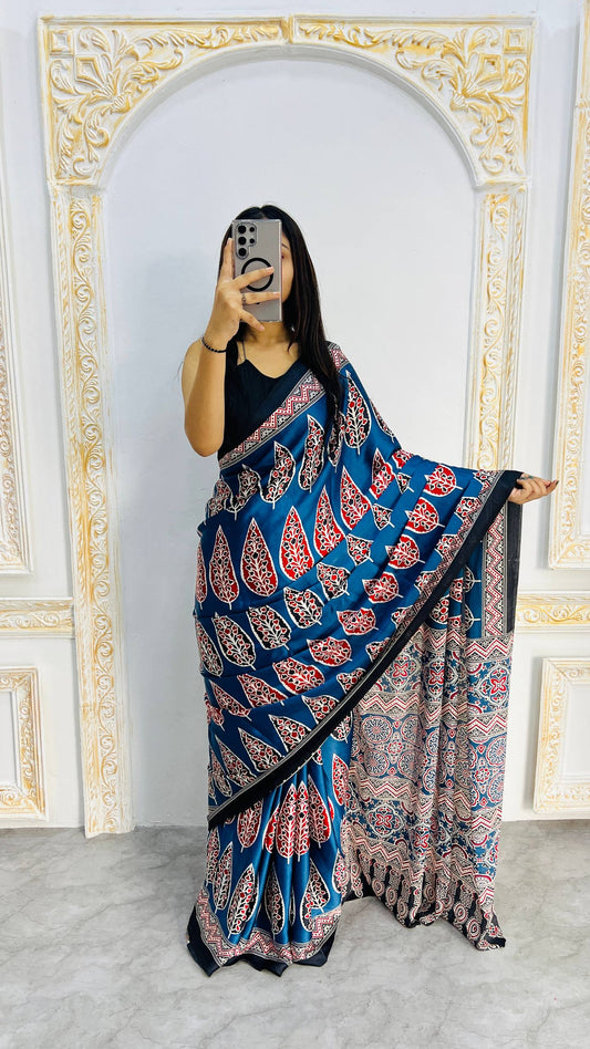 Ajrakh Printed Soft Modal Silk Natural Print Saree