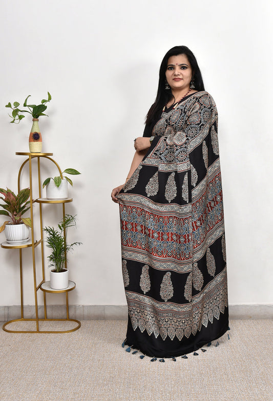 Black Ajrakh Printed Semi Gaji Silk Saree