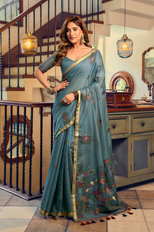 Steel Blue Kolkata Cotton Saree with Litchi Work & Fancy Tassels