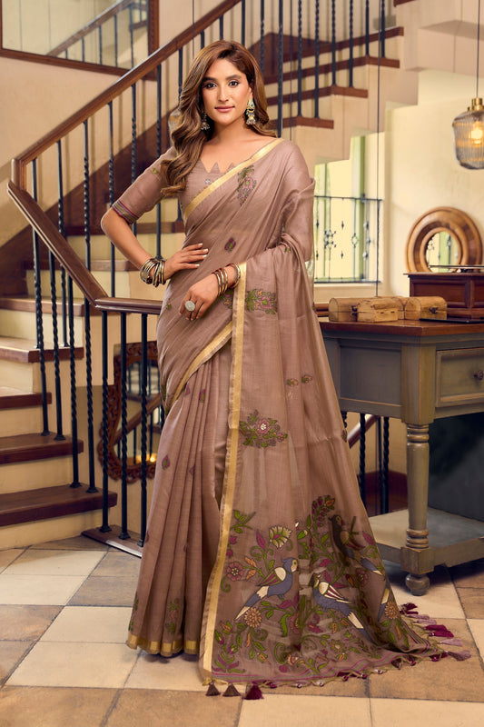 Earthy Brown Kolkata Cotton Saree with Litchi Work & Fancy Tassels
