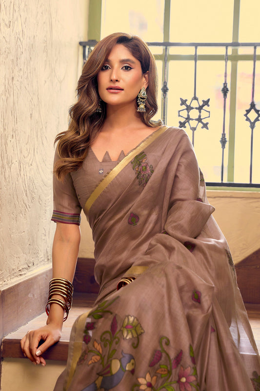 Earthy Brown Kolkata Cotton Saree with Litchi Work & Fancy Tassels