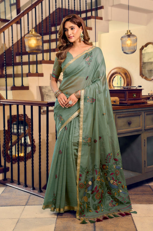 Pista Green Kolkata Cotton Saree with Litchi Work & Fancy Tassels