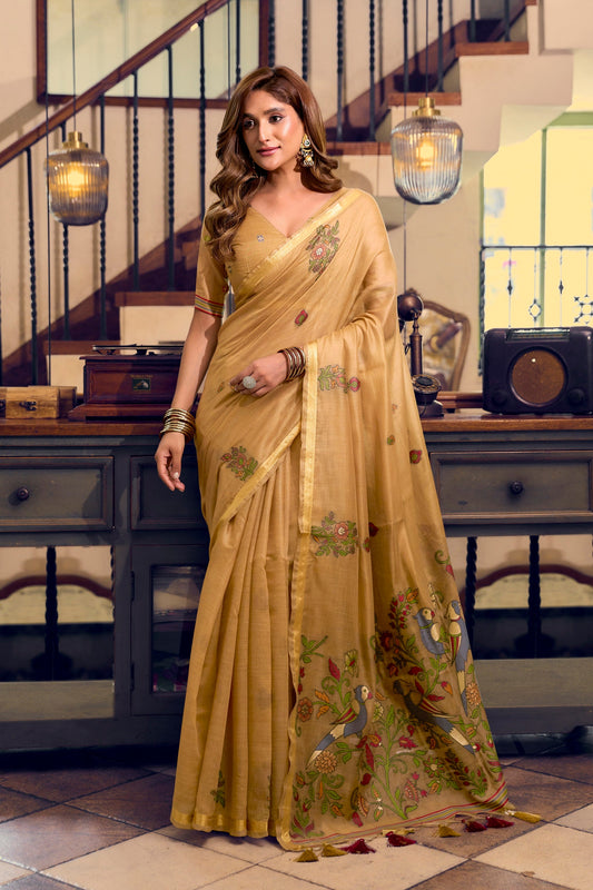Golden Mustard Kolkata Cotton Saree with Litchi Work & Fancy Tassels